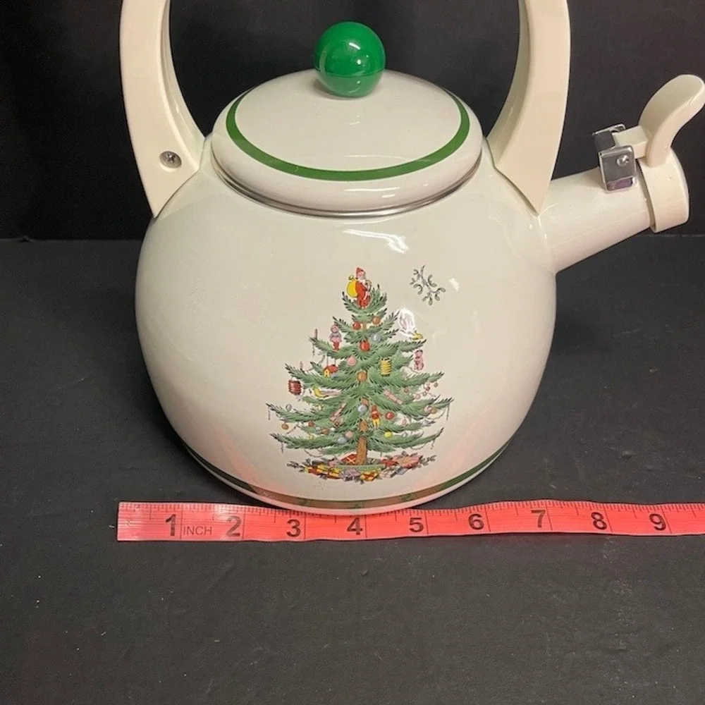 Vtg Spode Christmas Tree 2.5 Qt Enamel Whistling Tea Kettle Pristine Unused
